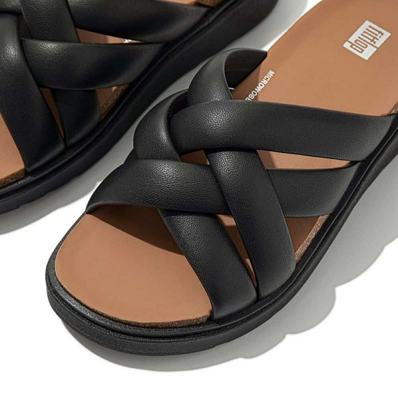 Black Women's FitFlop Gen-Ff Padded Strap Leather Slides | 849ATXFIK