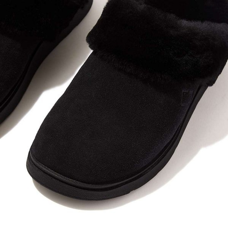 Black Women's FitFlop Gen-Ff Shearling Collar Suede Slippers | 863VRXGTY