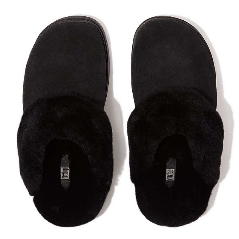 Black Women's FitFlop Gen-Ff Shearling Collar Suede Slippers | 863VRXGTY