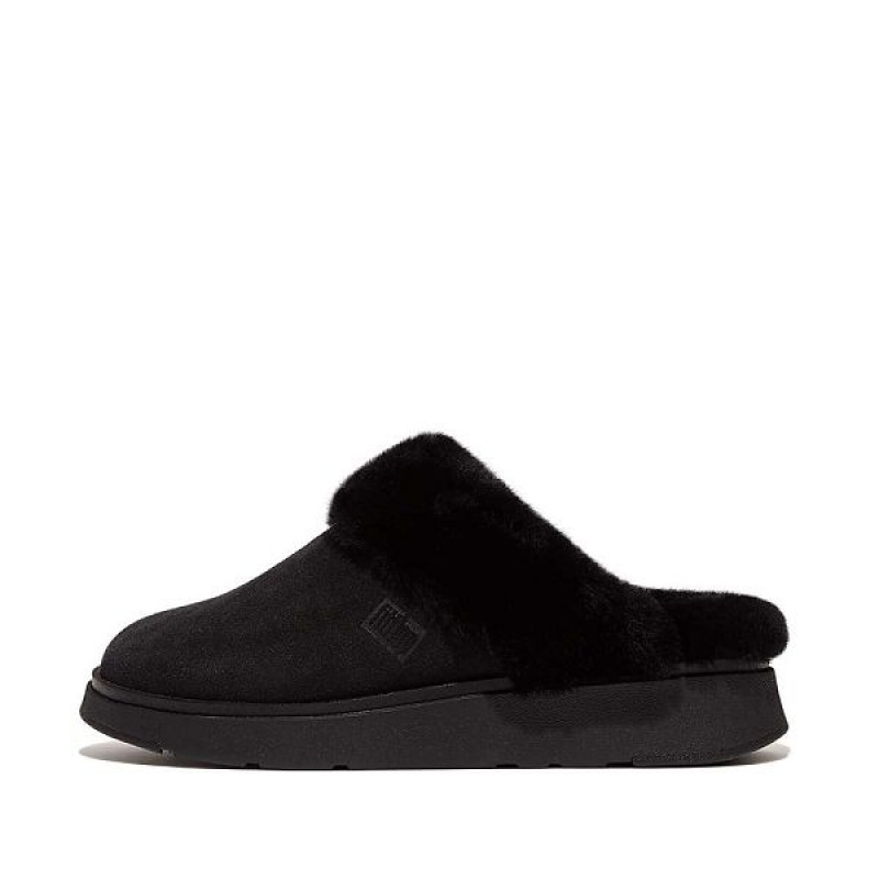 Black Women\'s FitFlop Gen-Ff Shearling Collar Suede Slippers | 863VRXGTY