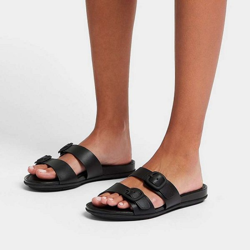 Black Women's FitFlop Gracie Buckle Two Bar Leather Slides | 648VGPJLR