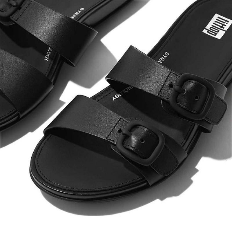 Black Women's FitFlop Gracie Buckle Two Bar Leather Slides | 648VGPJLR