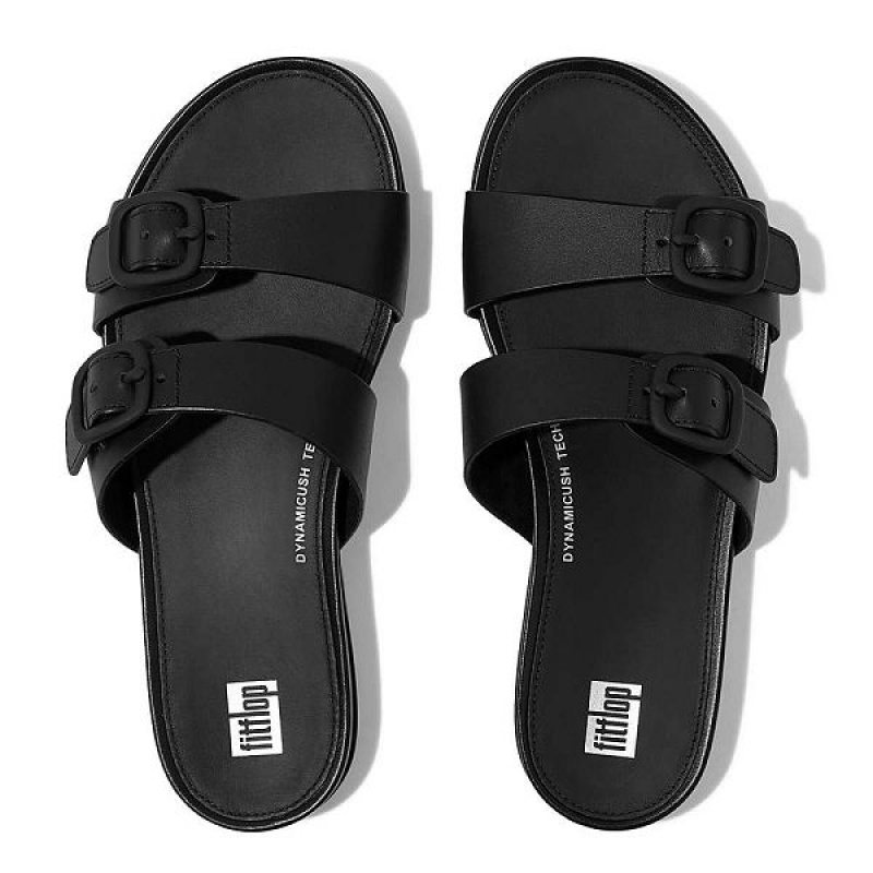 Black Women's FitFlop Gracie Buckle Two Bar Leather Slides | 648VGPJLR