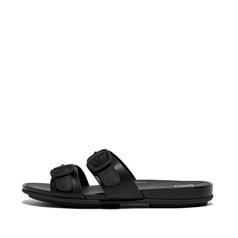 Black Women\'s FitFlop Gracie Buckle Two Bar Leather Slides | 648VGPJLR