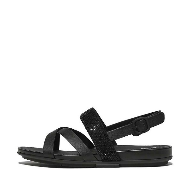 Black Women\'s FitFlop Gracie Crystal Leather Strappy Back-Strap Sandals | 096CXPTGW