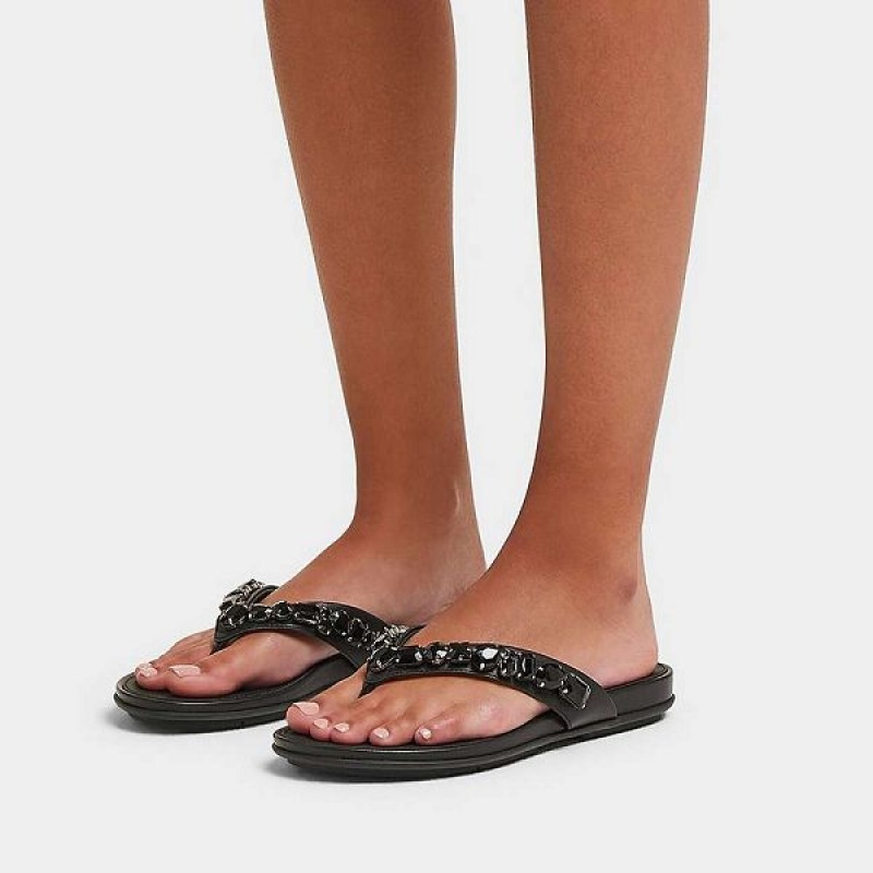 Black Women's FitFlop Gracie Jewel Deluxe Leather Flip Flops | 074DXEAKI