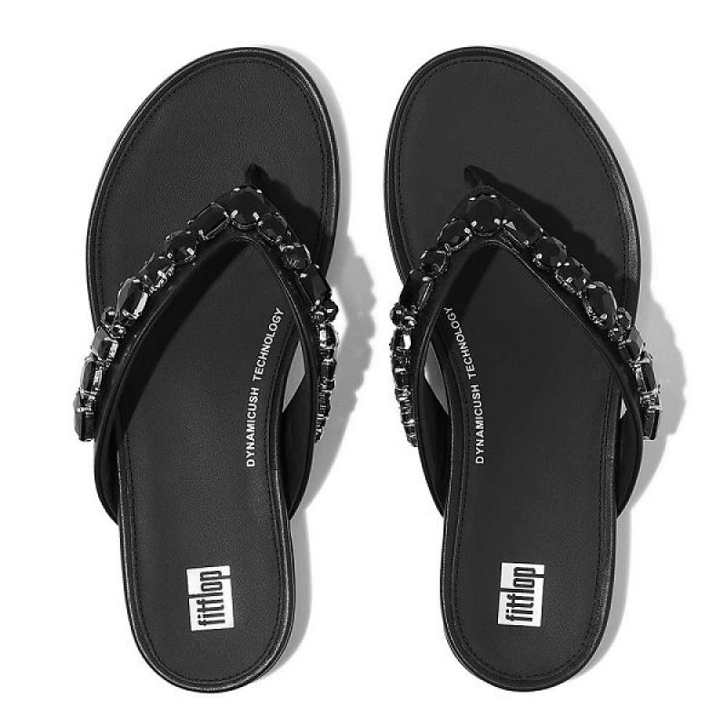 Black Women's FitFlop Gracie Jewel Deluxe Leather Flip Flops | 074DXEAKI