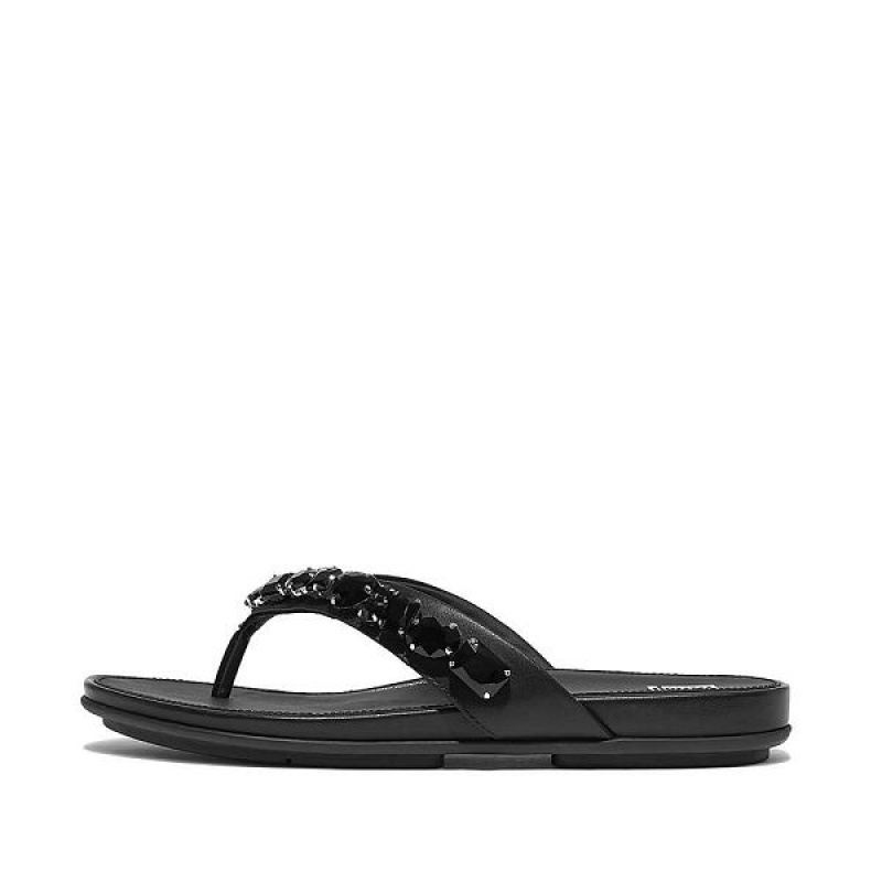 Black Women\'s FitFlop Gracie Jewel Deluxe Leather Flip Flops | 074DXEAKI