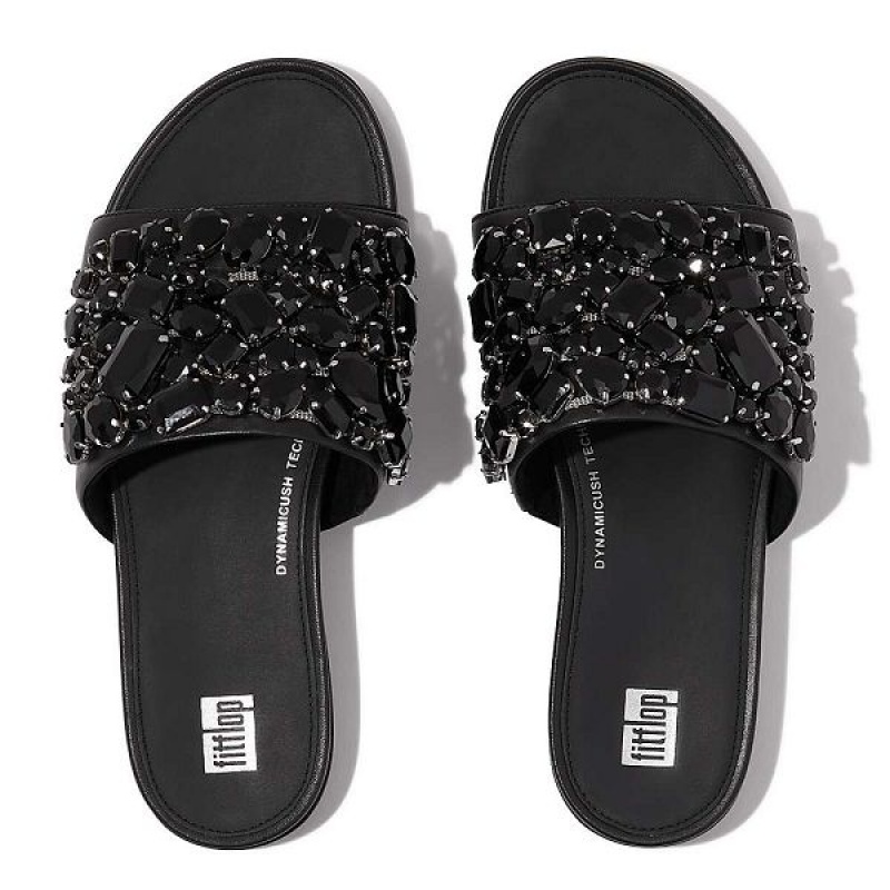 Black Women's FitFlop Gracie Jewel Deluxe Leather Slides | 128FWVQAD