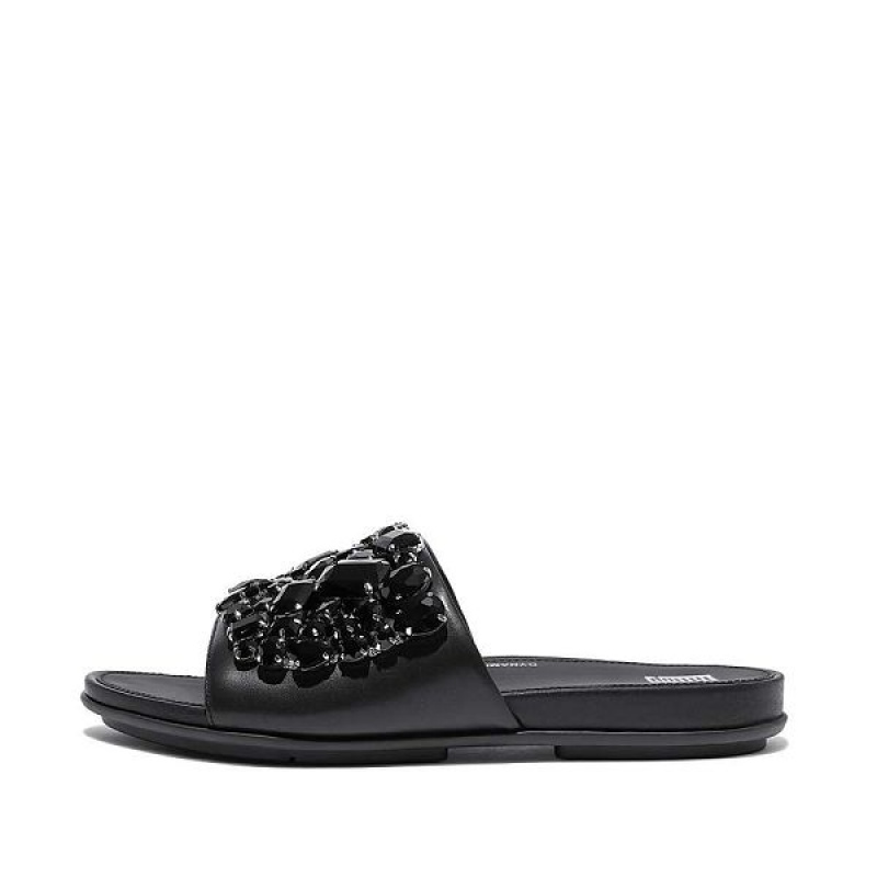 Black Women\'s FitFlop Gracie Jewel Deluxe Leather Slides | 128FWVQAD