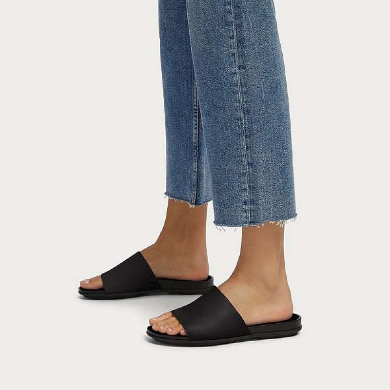 Black Women's FitFlop Gracie Leather Slides | 458BCSWHY