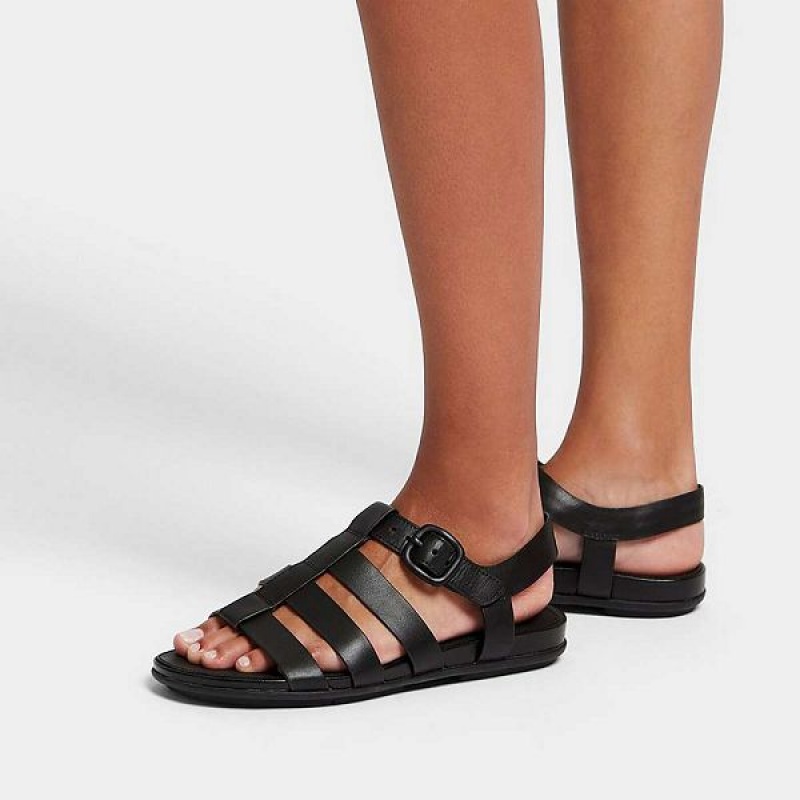 Black Women's FitFlop Gracie Matt Buckle Leather Fisherman Sandals | 069EIDLTP