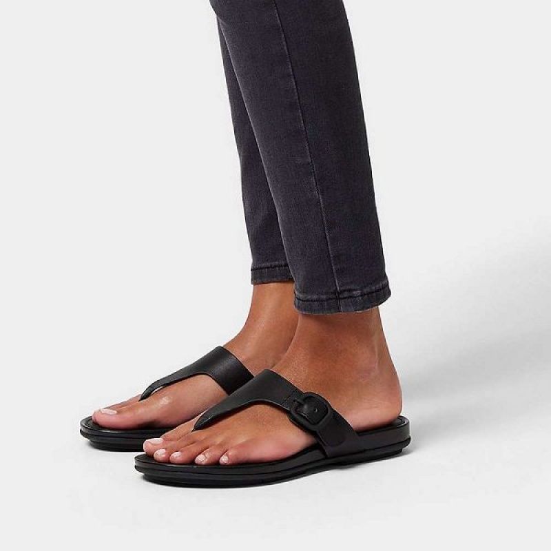 Black Women's FitFlop Gracie Matt Buckle Leather Toe-Post Sandals | 562IMVTLG