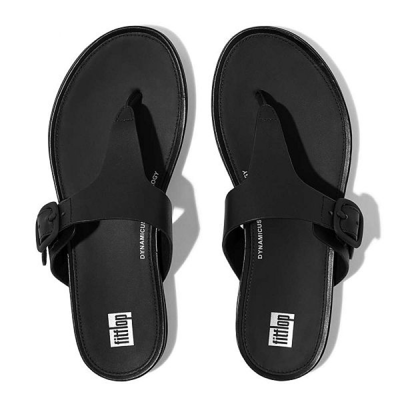 Black Women's FitFlop Gracie Matt Buckle Leather Toe-Post Sandals | 562IMVTLG