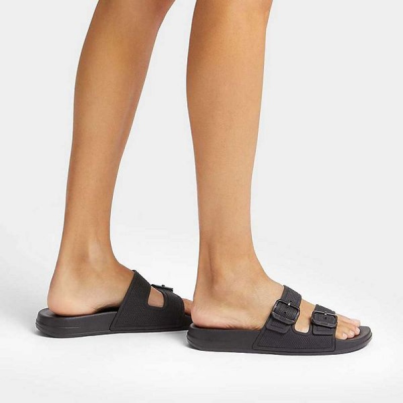 Black Women's FitFlop Iqushion Two Bar Buckle Slides | 163OFJYZQ