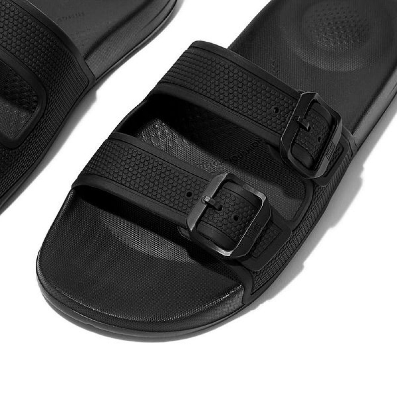 Black Women's FitFlop Iqushion Two Bar Buckle Slides | 163OFJYZQ