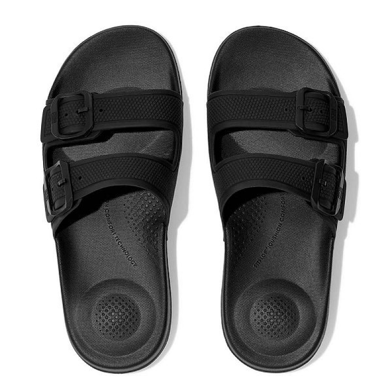 Black Women's FitFlop Iqushion Two Bar Buckle Slides | 163OFJYZQ