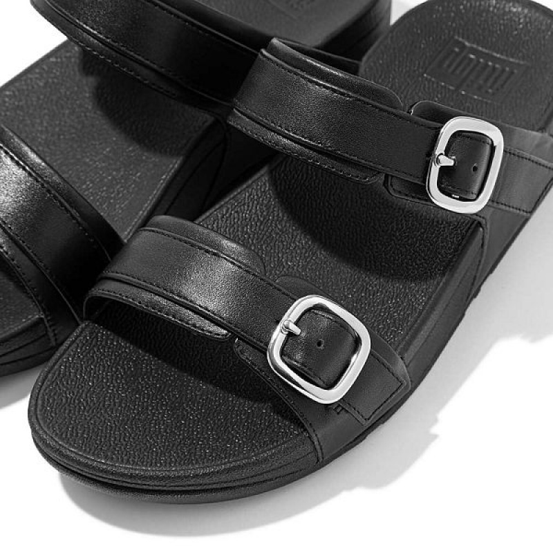 Black Women's FitFlop Lulu Adjustable Leather Slides | 513MXYNSE