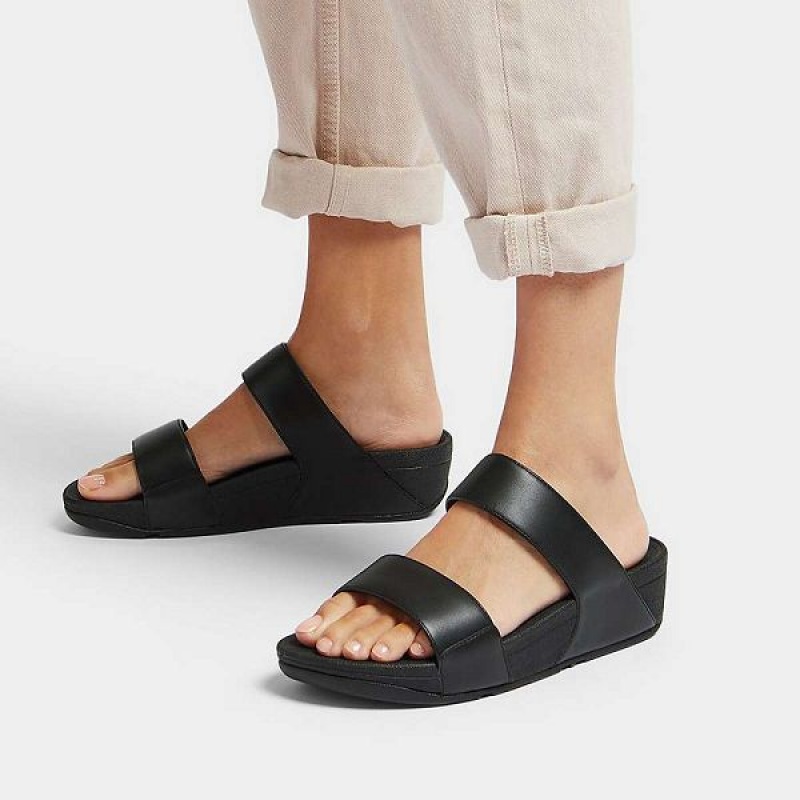 Black Women's FitFlop Lulu Adjustable Leather Slides | 758IUBJHR