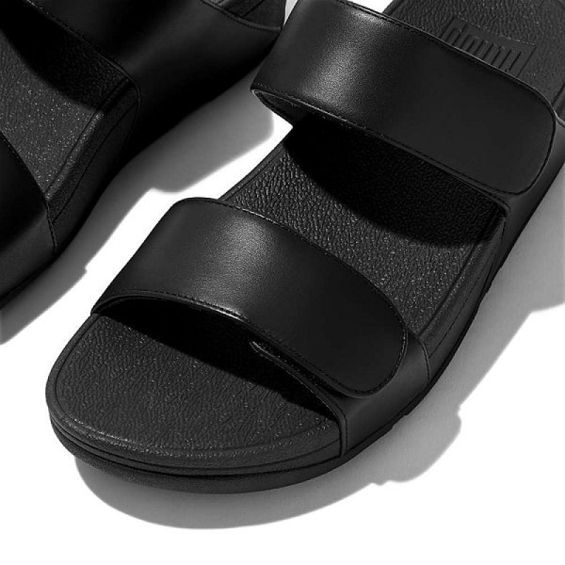 Black Women's FitFlop Lulu Adjustable Leather Slides | 758IUBJHR