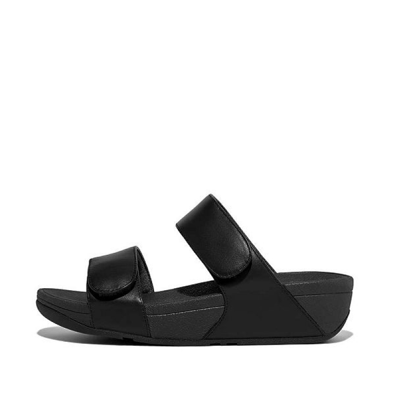 Black Women\'s FitFlop Lulu Adjustable Leather Slides | 758IUBJHR