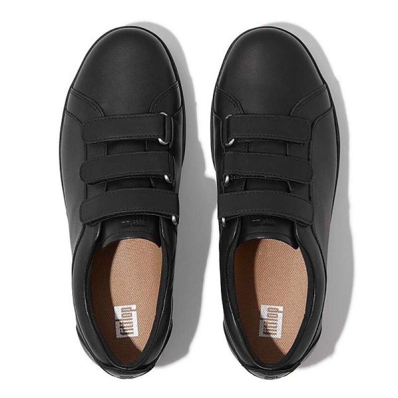 Black Women's FitFlop Rally Leather Strap Sneakers | 642HGUABQ