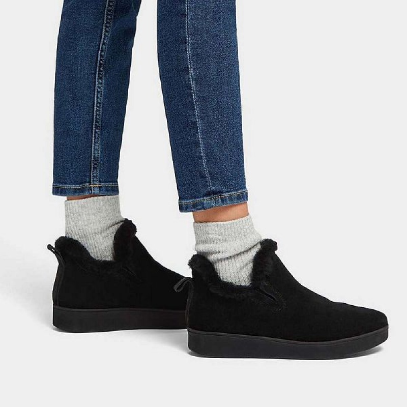 Black Women's FitFlop Rally Shearling Lined Suede Slip On Sneakers | 681SQWBRK