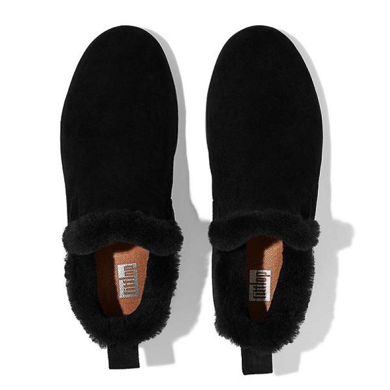 Black Women's FitFlop Rally Shearling Lined Suede Slip On Sneakers | 681SQWBRK