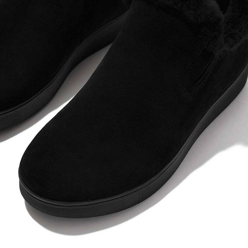 Black Women's FitFlop Rally Shearling Lined Suede Slip On Sneakers | 681SQWBRK