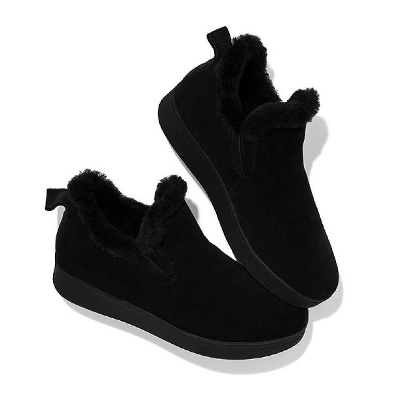 Black Women's FitFlop Rally Shearling Lined Suede Slip On Sneakers | 681SQWBRK