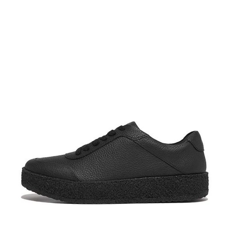 Black Women\'s FitFlop Rally Tumbled Leather Crepe Sneakers | 640EUVJGZ