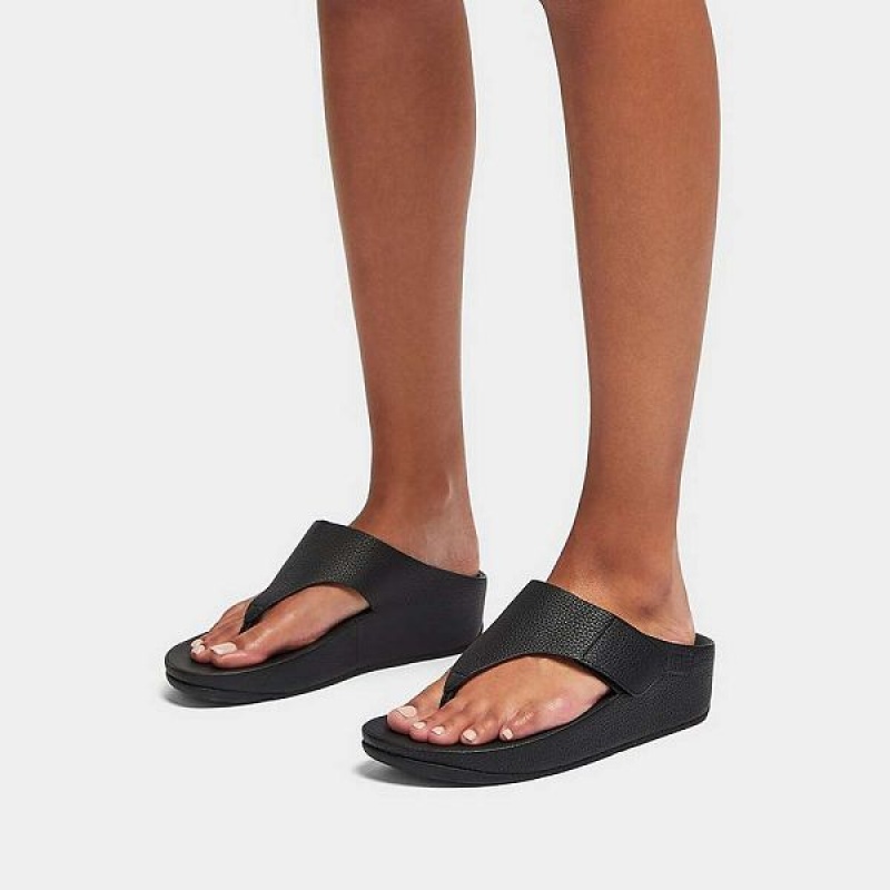 Black Women's FitFlop Shuv Adjustable Raw Edge Tumbled Leather Toe-Post Sandals | 831HIECRX