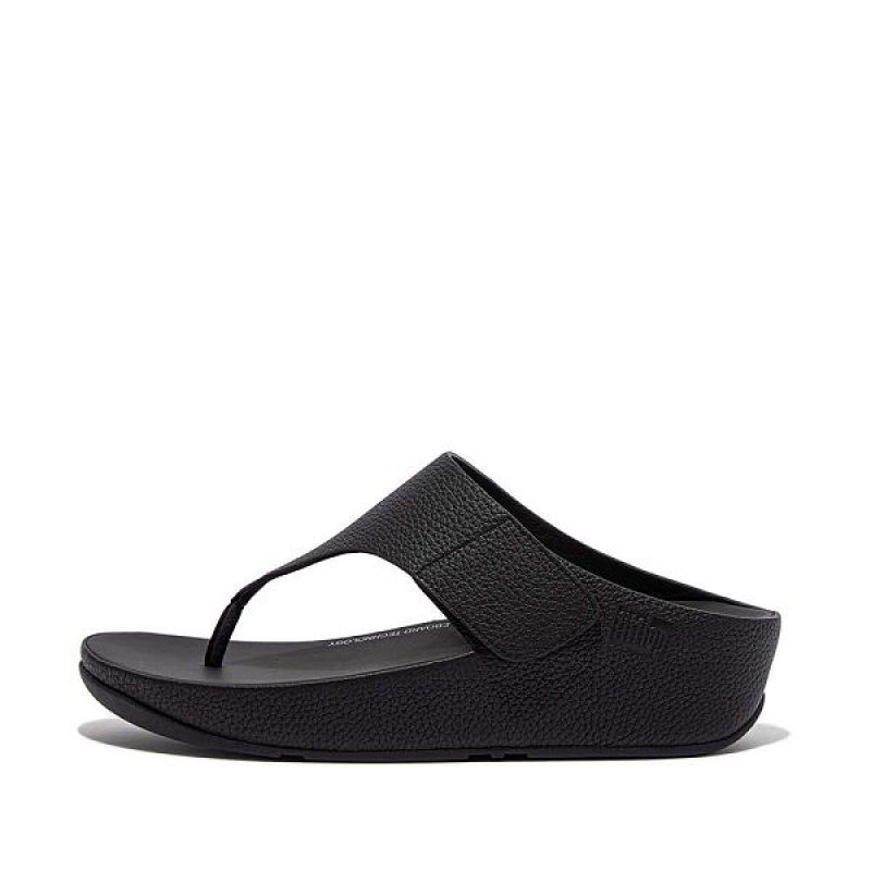 Black Women\'s FitFlop Shuv Adjustable Raw Edge Tumbled Leather Toe-Post Sandals | 831HIECRX