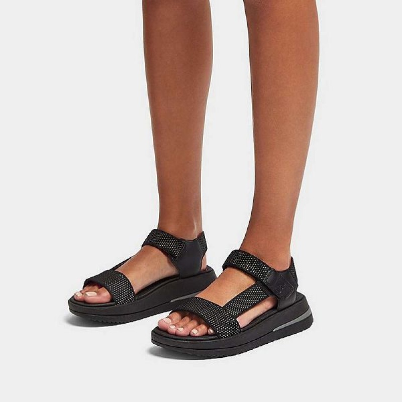 Black Women's FitFlop Surff Two Tone Sports Webbing Leather Back-Strap Sandals | 608SAXRVI