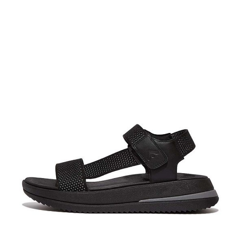 Black Women\'s FitFlop Surff Two Tone Sports Webbing Leather Back-Strap Sandals | 608SAXRVI