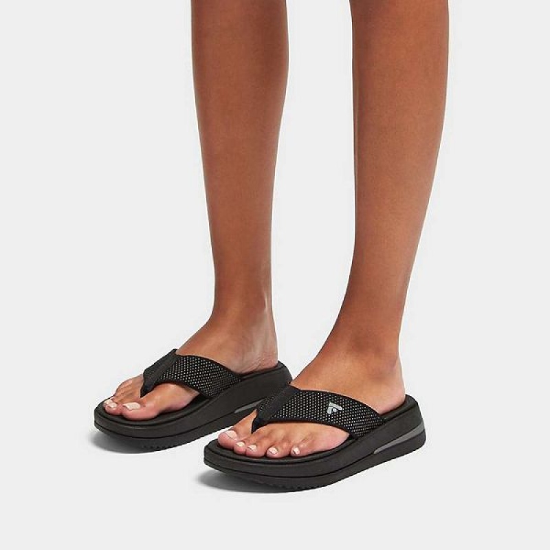 Black Women's FitFlop Surff Two Tone Sports Webbing Toe-Post Sandals | 170MQPIEU