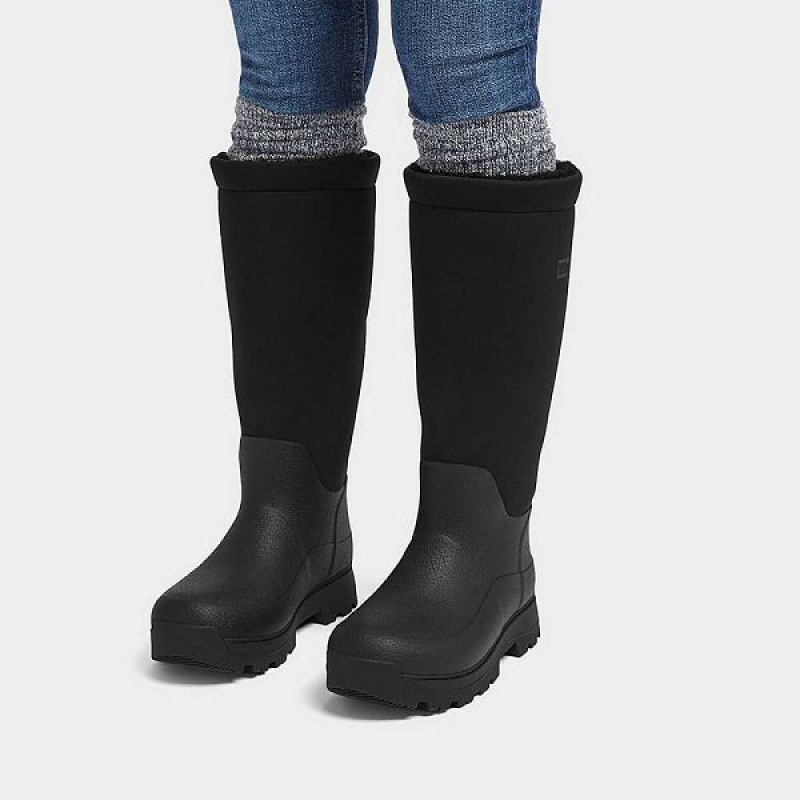 Black Women's FitFlop Wonderwelly Atb High Performance Fleece Lined Roll Down Wellington Rain Boots | 251VGIKXB