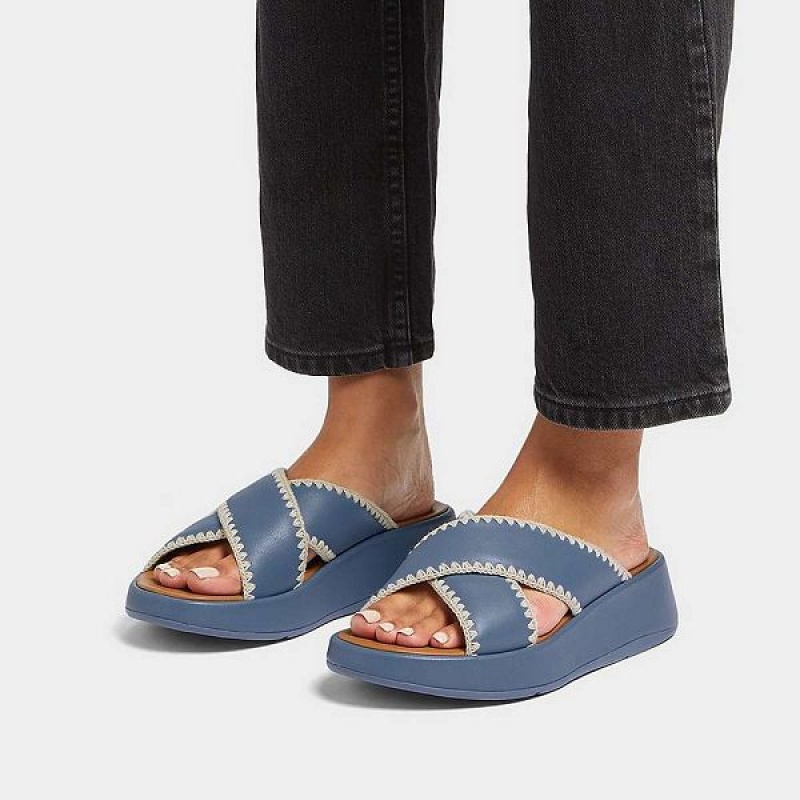 Blue Women's FitFlop F-Mode Leather Flatform Cross Slides | 214XDQLIT