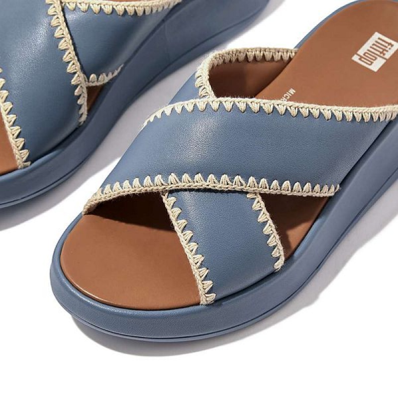 Blue Women's FitFlop F-Mode Leather Flatform Cross Slides | 214XDQLIT