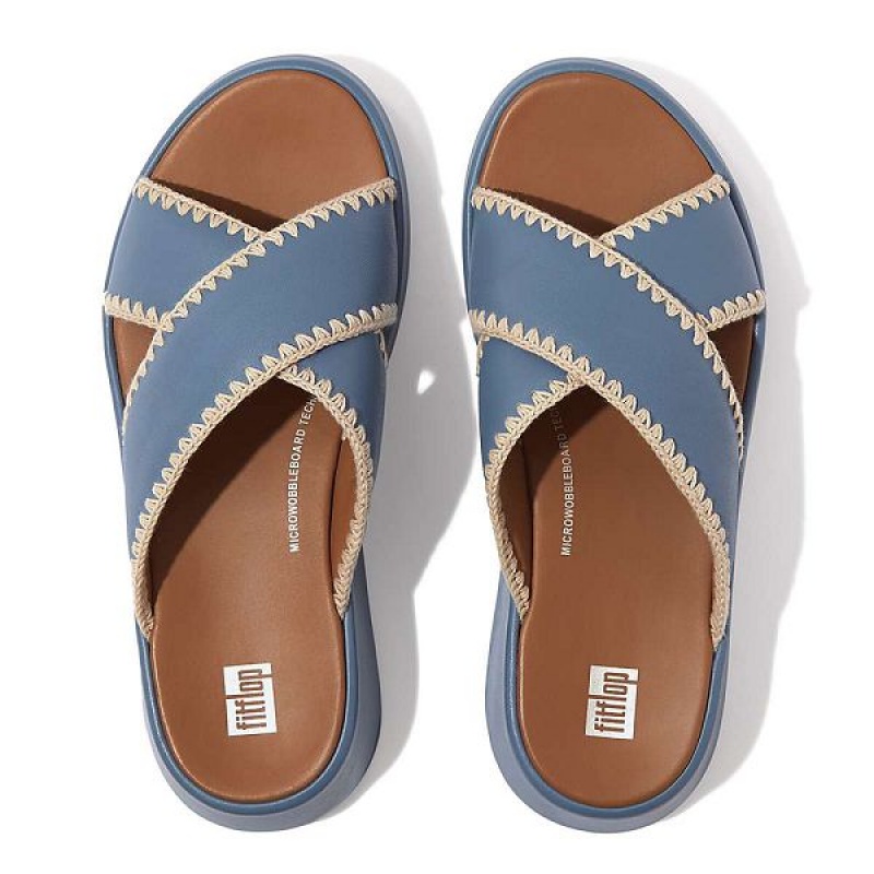 Blue Women's FitFlop F-Mode Leather Flatform Cross Slides | 214XDQLIT