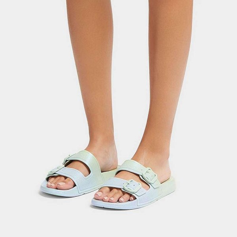 Blue Women's FitFlop Iqushion Iridescent Two Bar Buckle Sliders Slides | 081VBXDKW