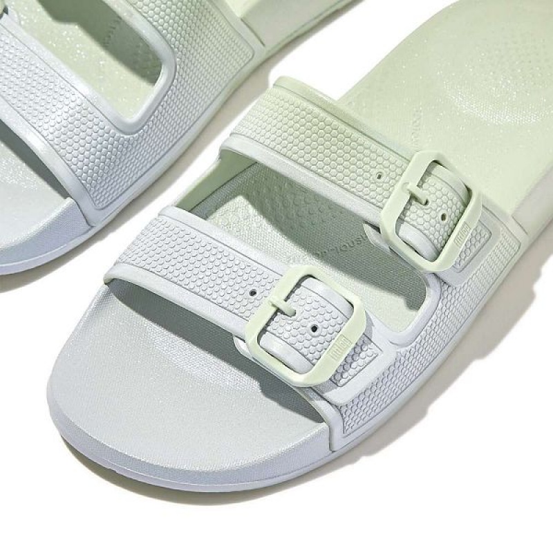 Blue Women's FitFlop Iqushion Iridescent Two Bar Buckle Sliders Slides | 081VBXDKW