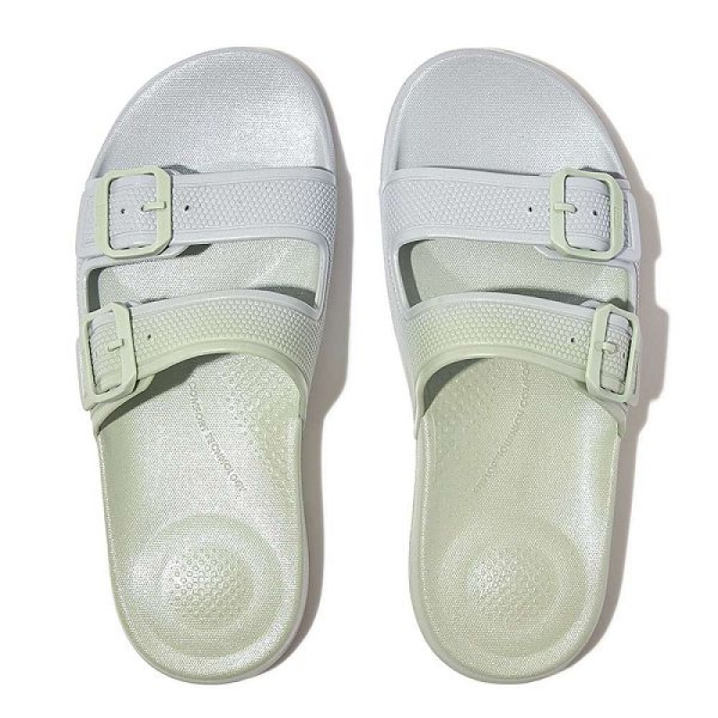 Blue Women's FitFlop Iqushion Iridescent Two Bar Buckle Sliders Slides | 081VBXDKW