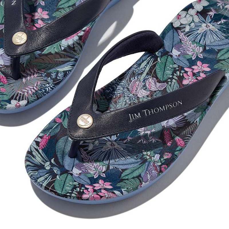 Blue Women's FitFlop Iqushion X Jim Thompson Limited Edition Leather Flip Flops | 396GAQBTJ