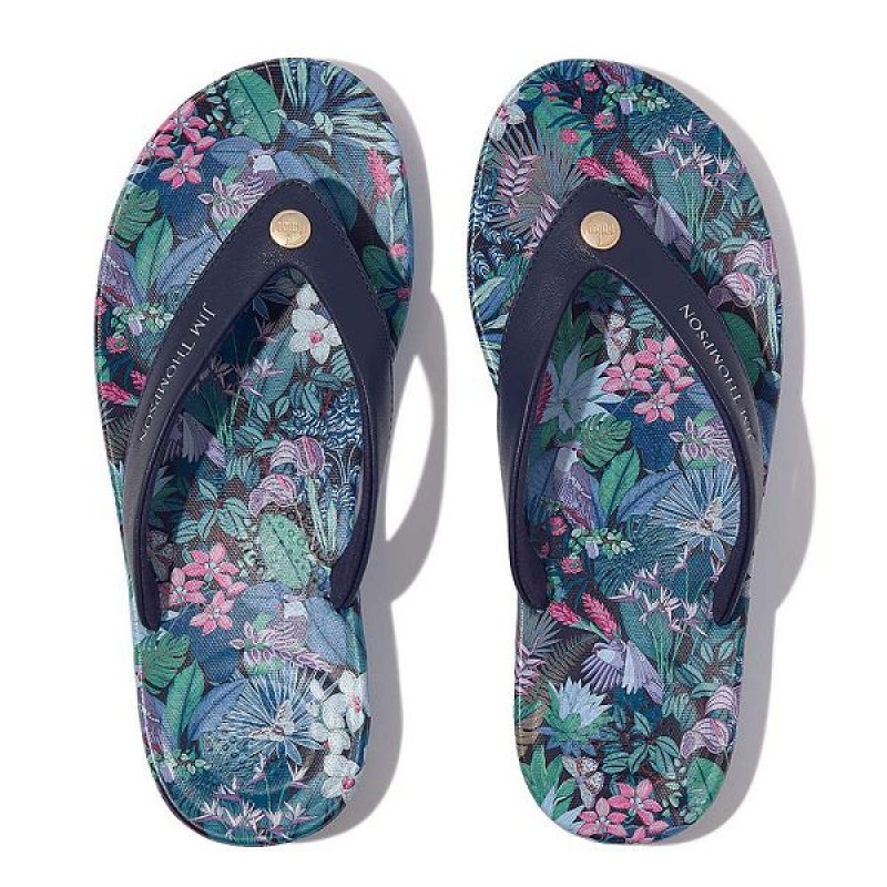 Blue Women's FitFlop Iqushion X Jim Thompson Limited Edition Leather Flip Flops | 396GAQBTJ