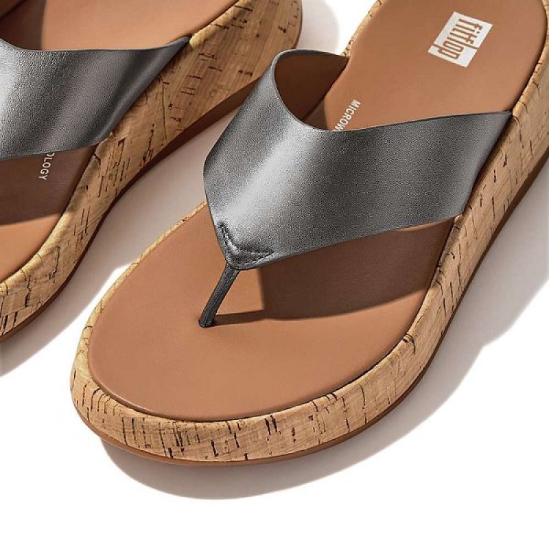 Blue / Grey Women's FitFlop F-Mode Metallic Leather Cork Flatform Toe-Post Sandals | 192PTSRXI