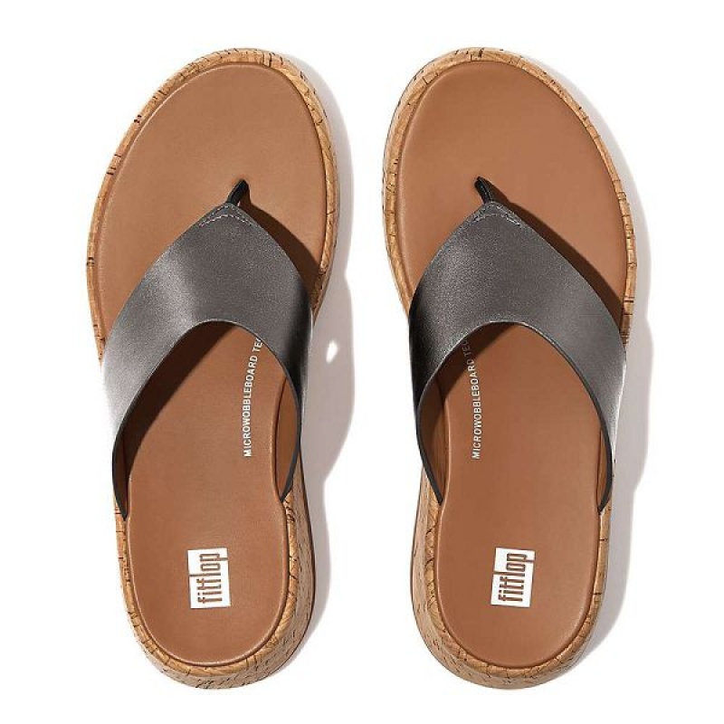 Blue / Grey Women's FitFlop F-Mode Metallic Leather Cork Flatform Toe-Post Sandals | 192PTSRXI