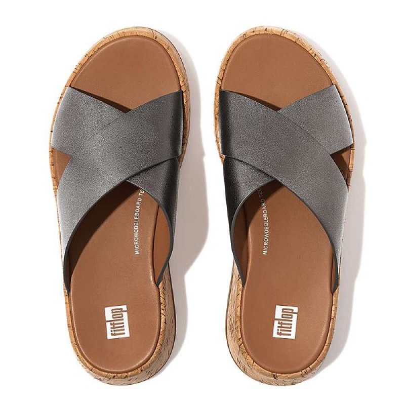 Blue / Grey Women's FitFlop F-Mode Metallic Leather Cork Flatform Cross Slides | 872MENVFB