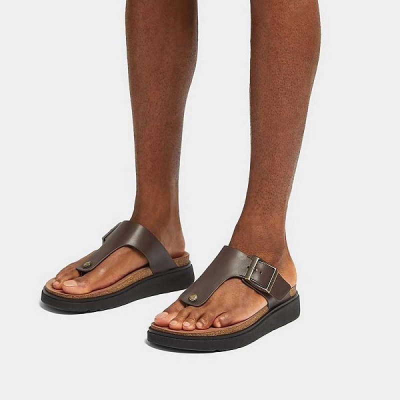 Brown Men's FitFlop Gen-Ff Buckle Leather Toe-Post Sandals | 675JOQPTN