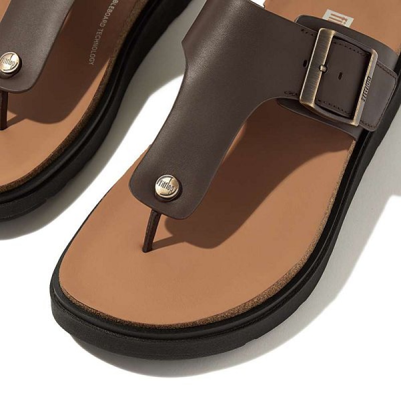 Brown Men's FitFlop Gen-Ff Buckle Leather Toe-Post Sandals | 675JOQPTN